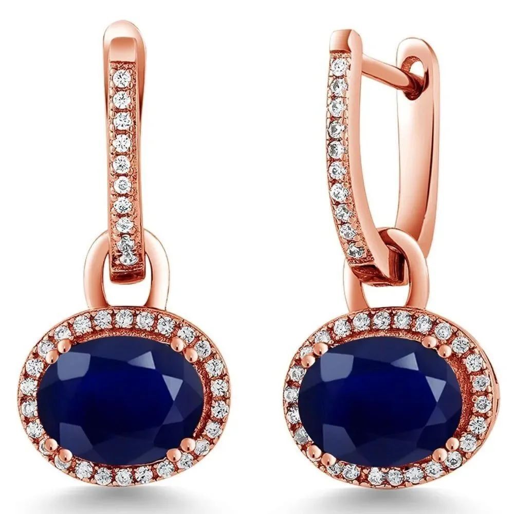 18K Rose Gold 925 with 5.84 Cttw Navy Blue Sapphire Oval Dangling Drop Earrings